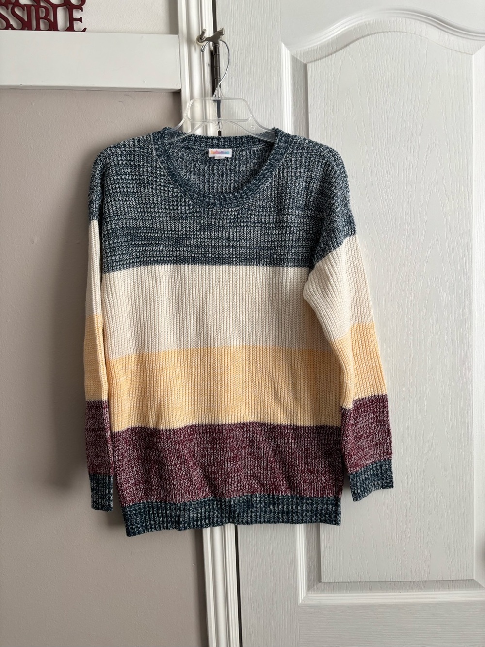LuLaRoe Striped Crewneck Sweater in Blue-Grey, Cream, Yellow & Mauve